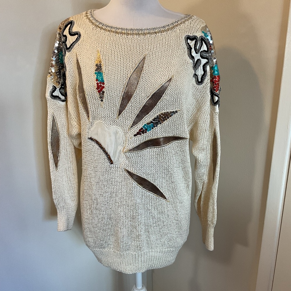 Vintage Neil's Apparel Cream Beaded Floral Sequin Sweater Large Tunic - Picture 1 of 7